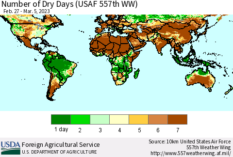 World Number of Dry Days (USAF 557th WW) Thematic Map For 2/27/2023 - 3/5/2023