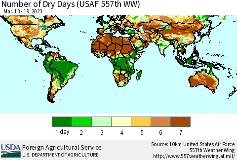 World Number of Dry Days (USAF 557th WW) Thematic Map For 3/13/2023 - 3/19/2023