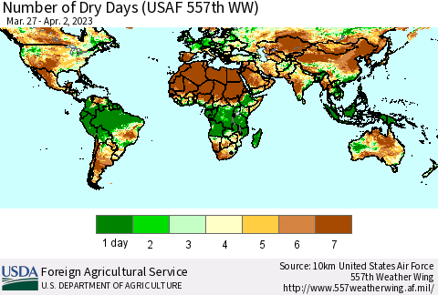 World Number of Dry Days (USAF 557th WW) Thematic Map For 3/27/2023 - 4/2/2023