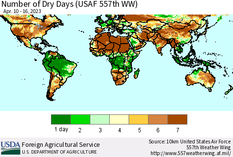 World Number of Dry Days (USAF 557th WW) Thematic Map For 4/10/2023 - 4/16/2023