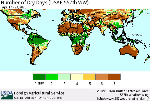 World Number of Dry Days (USAF 557th WW) Thematic Map For 4/17/2023 - 4/23/2023