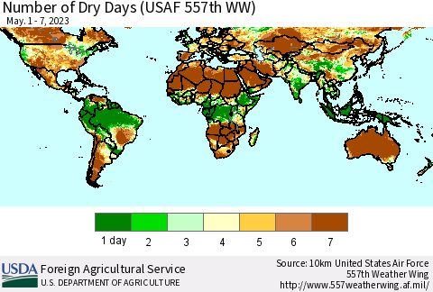 World Number of Dry Days (USAF 557th WW) Thematic Map For 5/1/2023 - 5/7/2023