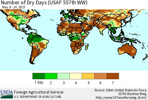World Number of Dry Days (USAF 557th WW) Thematic Map For 5/8/2023 - 5/14/2023