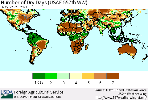 World Number of Dry Days (USAF 557th WW) Thematic Map For 5/22/2023 - 5/28/2023