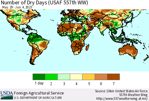 World Number of Dry Days (USAF 557th WW) Thematic Map For 5/29/2023 - 6/4/2023