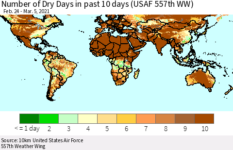 World Number of Dry Days in past 10 days (USAF 557th WW) Thematic Map For 3/1/2021 - 3/5/2021