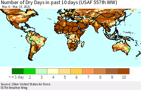 World Number of Dry Days in past 10 days (USAF 557th WW) Thematic Map For 3/11/2021 - 3/15/2021