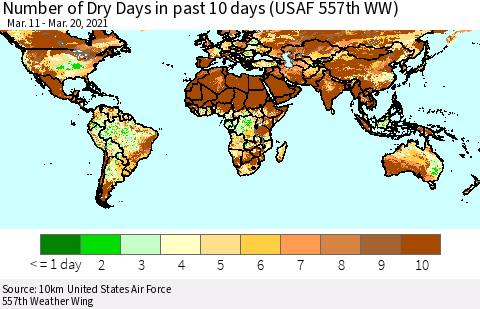 World Number of Dry Days in past 10 days (USAF 557th WW) Thematic Map For 3/16/2021 - 3/20/2021
