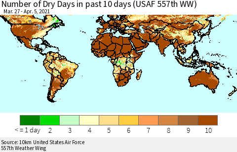 World Number of Dry Days in past 10 days (USAF 557th WW) Thematic Map For 4/1/2021 - 4/5/2021