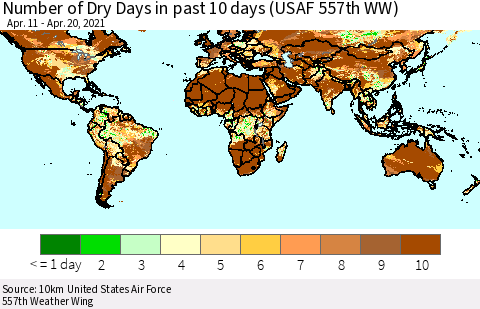 World Number of Dry Days in past 10 days (USAF 557th WW) Thematic Map For 4/16/2021 - 4/20/2021