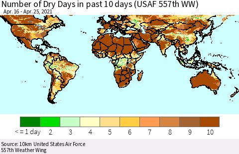 World Number of Dry Days in past 10 days (USAF 557th WW) Thematic Map For 4/21/2021 - 4/25/2021