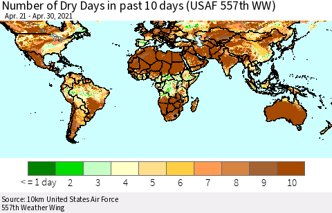 World Number of Dry Days in past 10 days (USAF 557th WW) Thematic Map For 4/26/2021 - 4/30/2021