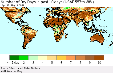 World Number of Dry Days in past 10 days (USAF 557th WW) Thematic Map For 5/1/2021 - 5/5/2021
