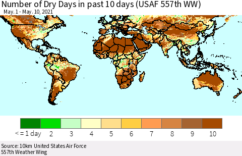 World Number of Dry Days in past 10 days (USAF 557th WW) Thematic Map For 5/6/2021 - 5/10/2021