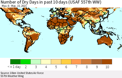 World Number of Dry Days in past 10 days (USAF 557th WW) Thematic Map For 5/11/2021 - 5/15/2021