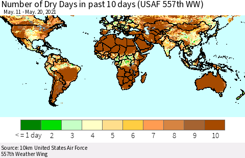 World Number of Dry Days in past 10 days (USAF 557th WW) Thematic Map For 5/16/2021 - 5/20/2021