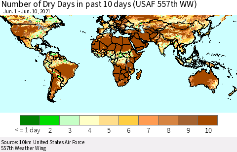 World Number of Dry Days in past 10 days (USAF 557th WW) Thematic Map For 6/6/2021 - 6/10/2021