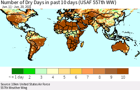World Number of Dry Days in past 10 days (USAF 557th WW) Thematic Map For 6/16/2021 - 6/20/2021