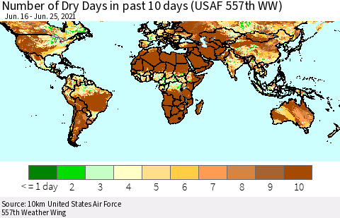 World Number of Dry Days in past 10 days (USAF 557th WW) Thematic Map For 6/21/2021 - 6/25/2021
