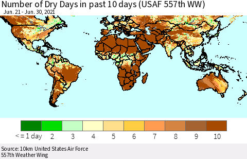 World Number of Dry Days in past 10 days (USAF 557th WW) Thematic Map For 6/26/2021 - 6/30/2021