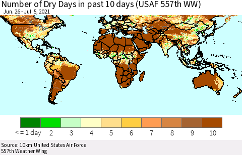 World Number of Dry Days in past 10 days (USAF 557th WW) Thematic Map For 7/1/2021 - 7/5/2021