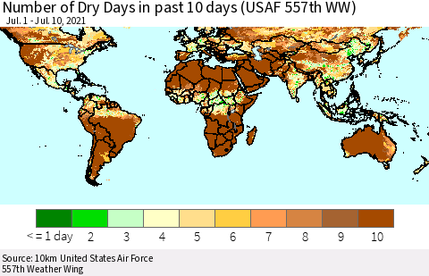 World Number of Dry Days in past 10 days (USAF 557th WW) Thematic Map For 7/6/2021 - 7/10/2021