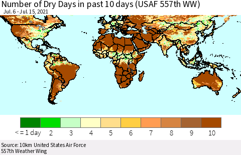 World Number of Dry Days in past 10 days (USAF 557th WW) Thematic Map For 7/11/2021 - 7/15/2021