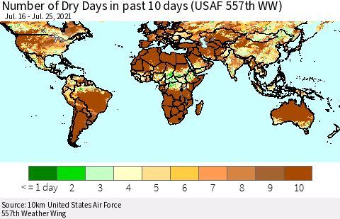 World Number of Dry Days in past 10 days (USAF 557th WW) Thematic Map For 7/21/2021 - 7/25/2021