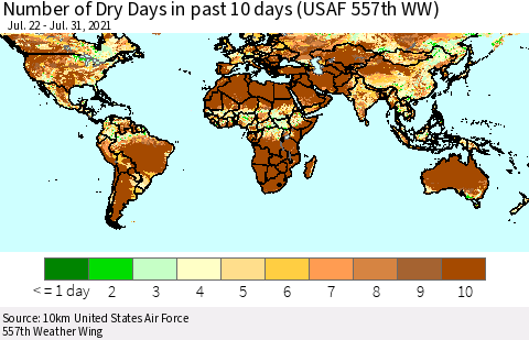 World Number of Dry Days in past 10 days (USAF 557th WW) Thematic Map For 7/26/2021 - 7/31/2021