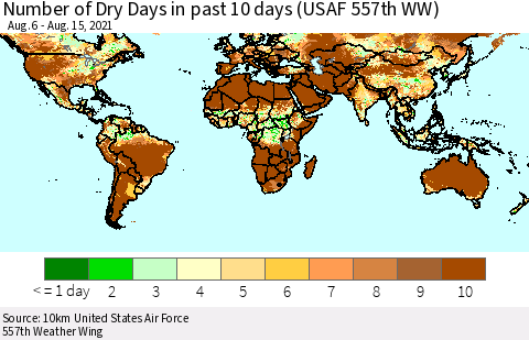 World Number of Dry Days in past 10 days (USAF 557th WW) Thematic Map For 8/11/2021 - 8/15/2021