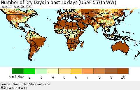 World Number of Dry Days in past 10 days (USAF 557th WW) Thematic Map For 8/16/2021 - 8/20/2021