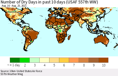 World Number of Dry Days in past 10 days (USAF 557th WW) Thematic Map For 8/21/2021 - 8/25/2021