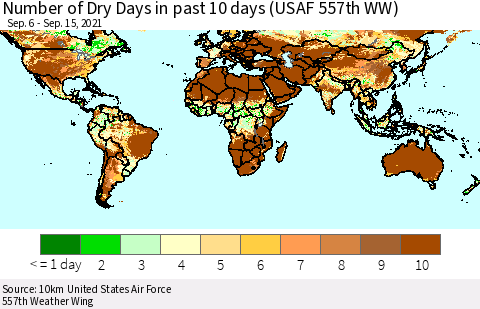 World Number of Dry Days in past 10 days (USAF 557th WW) Thematic Map For 9/11/2021 - 9/15/2021