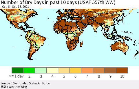 World Number of Dry Days in past 10 days (USAF 557th WW) Thematic Map For 10/11/2021 - 10/15/2021