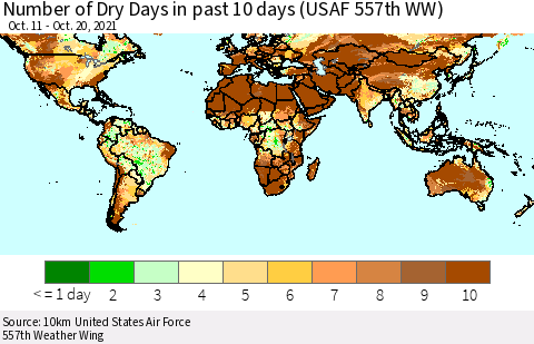 World Number of Dry Days in past 10 days (USAF 557th WW) Thematic Map For 10/16/2021 - 10/20/2021