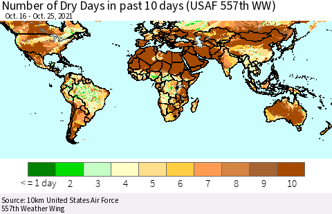 World Number of Dry Days in past 10 days (USAF 557th WW) Thematic Map For 10/21/2021 - 10/25/2021