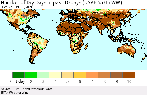 World Number of Dry Days in past 10 days (USAF 557th WW) Thematic Map For 10/26/2021 - 10/31/2021