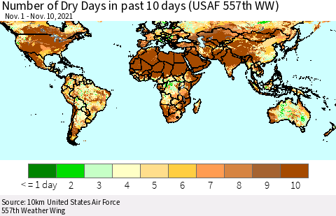 World Number of Dry Days in past 10 days (USAF 557th WW) Thematic Map For 11/6/2021 - 11/10/2021