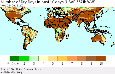 World Number of Dry Days in past 10 days (USAF 557th WW) Thematic Map For 12/1/2021 - 12/5/2021