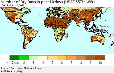 World Number of Dry Days in past 10 days (USAF 557th WW) Thematic Map For 12/6/2021 - 12/10/2021