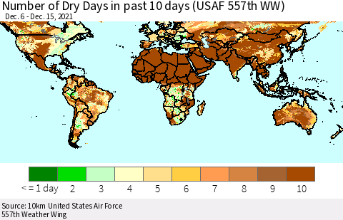 World Number of Dry Days in past 10 days (USAF 557th WW) Thematic Map For 12/11/2021 - 12/15/2021