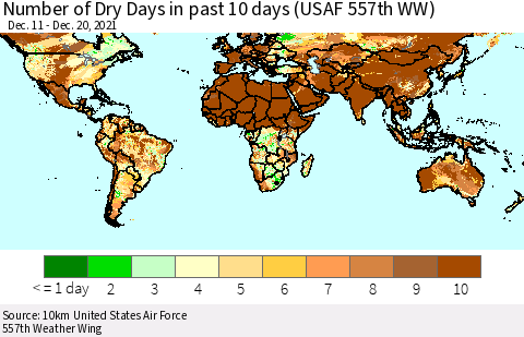 World Number of Dry Days in past 10 days (USAF 557th WW) Thematic Map For 12/16/2021 - 12/20/2021