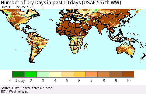 World Number of Dry Days in past 10 days (USAF 557th WW) Thematic Map For 12/21/2021 - 12/25/2021