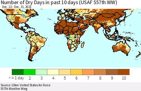 World Number of Dry Days in past 10 days (USAF 557th WW) Thematic Map For 12/26/2021 - 12/31/2021