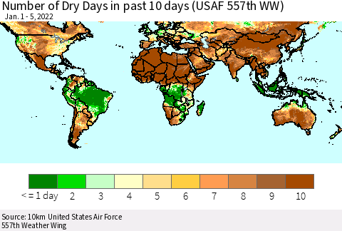 World Number of Dry Days in past 10 days (USAF 557th WW) Thematic Map For 1/1/2022 - 1/5/2022