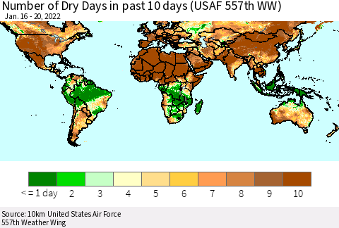 World Number of Dry Days in past 10 days (USAF 557th WW) Thematic Map For 1/16/2022 - 1/20/2022