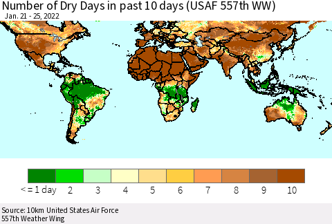 World Number of Dry Days in past 10 days (USAF 557th WW) Thematic Map For 1/21/2022 - 1/25/2022