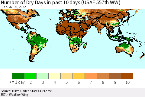 World Number of Dry Days in past 10 days (USAF 557th WW) Thematic Map For 1/26/2022 - 1/31/2022