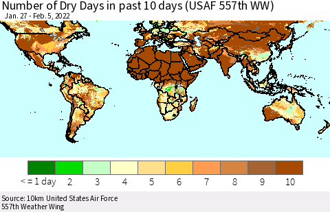 World Number of Dry Days in past 10 days (USAF 557th WW) Thematic Map For 2/1/2022 - 2/5/2022