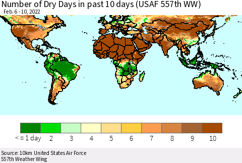 World Number of Dry Days in past 10 days (USAF 557th WW) Thematic Map For 2/6/2022 - 2/10/2022